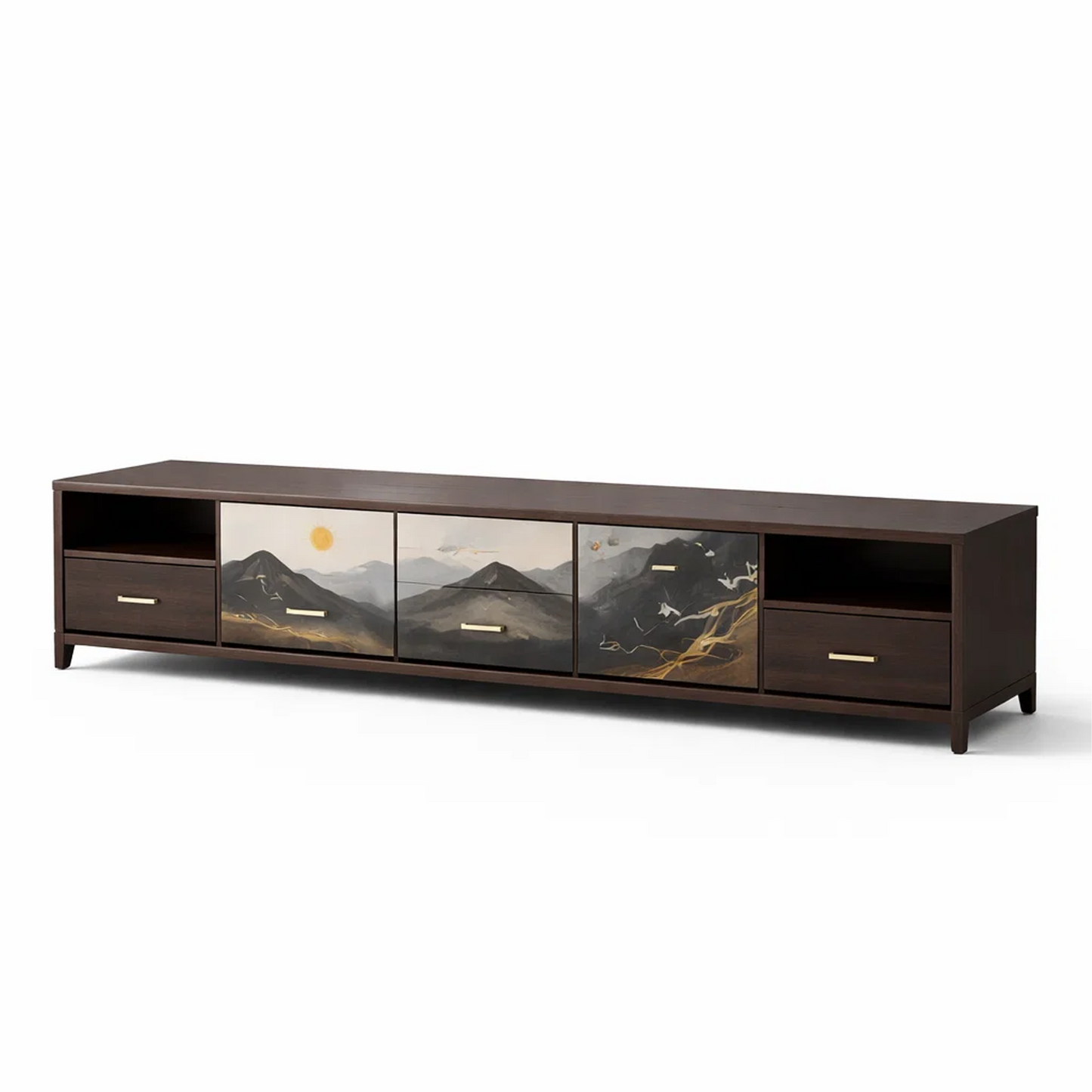 Ink-Wash Mountain Landscape TV Console – Dark Walnut Media Cabinet with Hand-Painted Scenic Drawer Fronts & Gold Accents