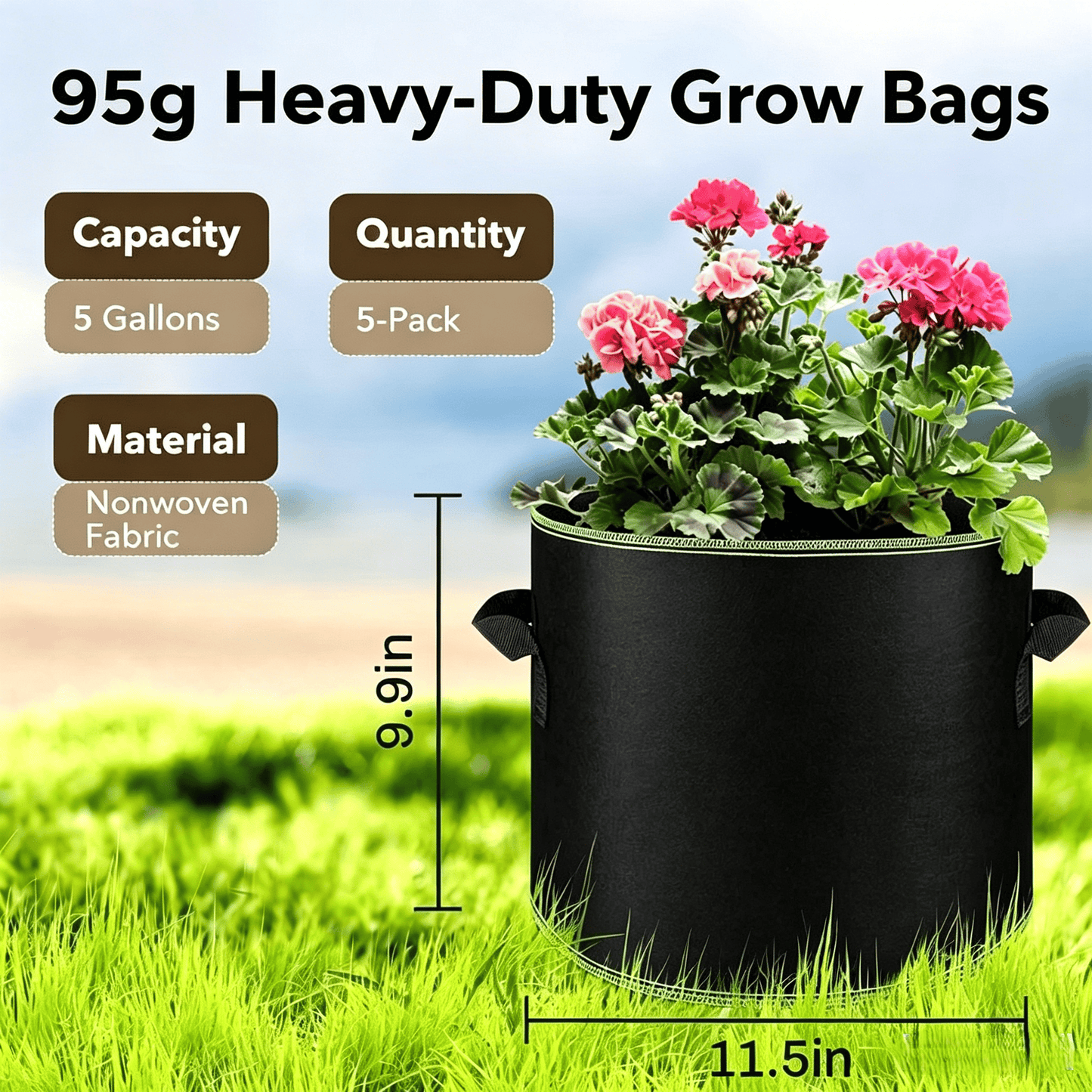 π± 5-Pack 5 Gallon Grow Bags β Heavy Duty Aeration Fabric Pots with Handles for Vegetables. Flowers & Fruits πͺ΄