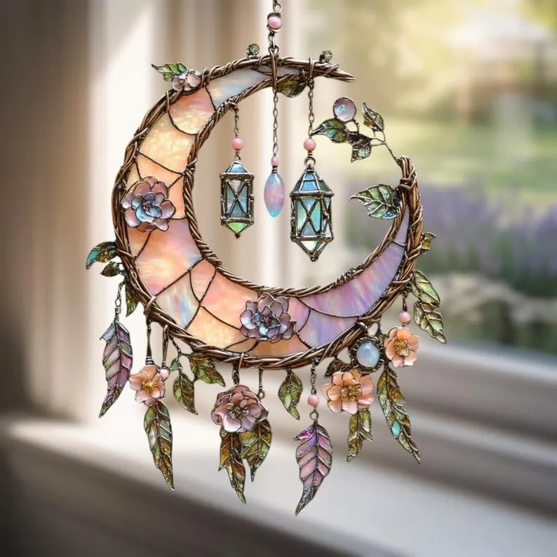 🌙Hand-Painted Moon and Floral Window Decor💖