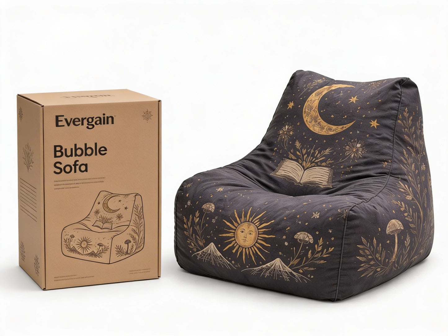 Celestial Illustrated Bean Bag Lounger – Mystical Moon, Sun & Botanical Print Chair