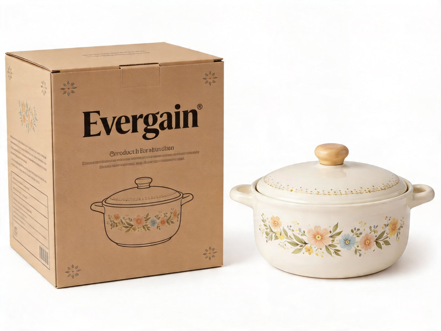 Wildflower Garden Ceramic Casserole Pot – Cream Stoneware Lidded Dutch Oven with Hand-Painted Floral Garland & Wooden Knob