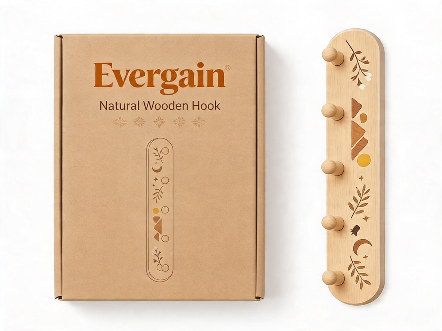 Natural Beechwood Wall Hook Rack – Mountain, Moon & Botanical Inlay Design with 5 Round Pegs