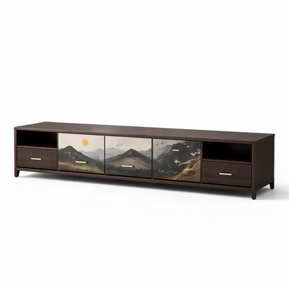 Ink-Wash Mountain Landscape TV Console – Dark Walnut Media Cabinet with Hand-Painted Scenic Drawer Fronts &amp; Gold Accents