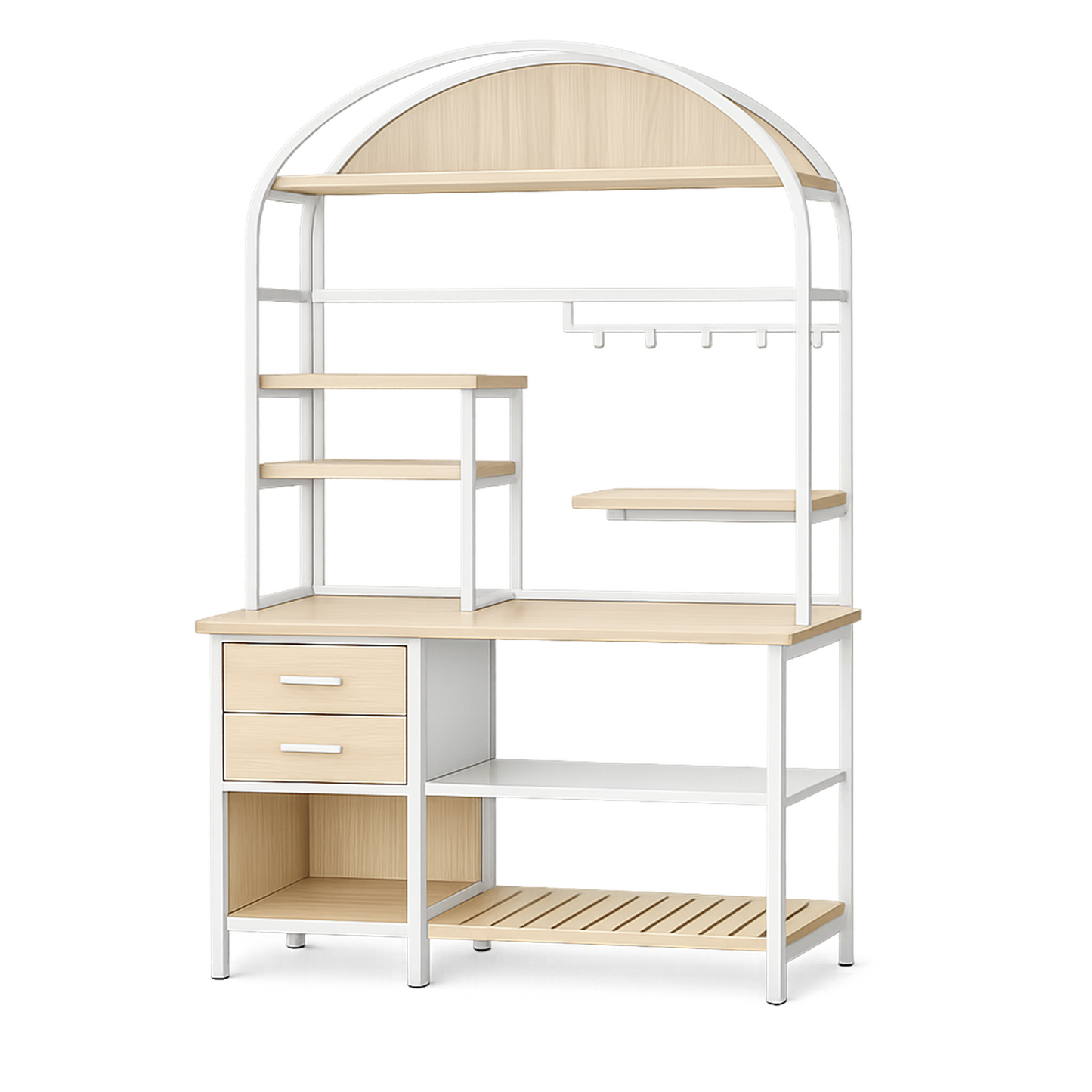 Arched Kitchen Baker's Rack – White Metal Frame &amp; Natural Wood Multi-Tier Storage Station with Drawers, Hooks &amp; Slatted Shelf