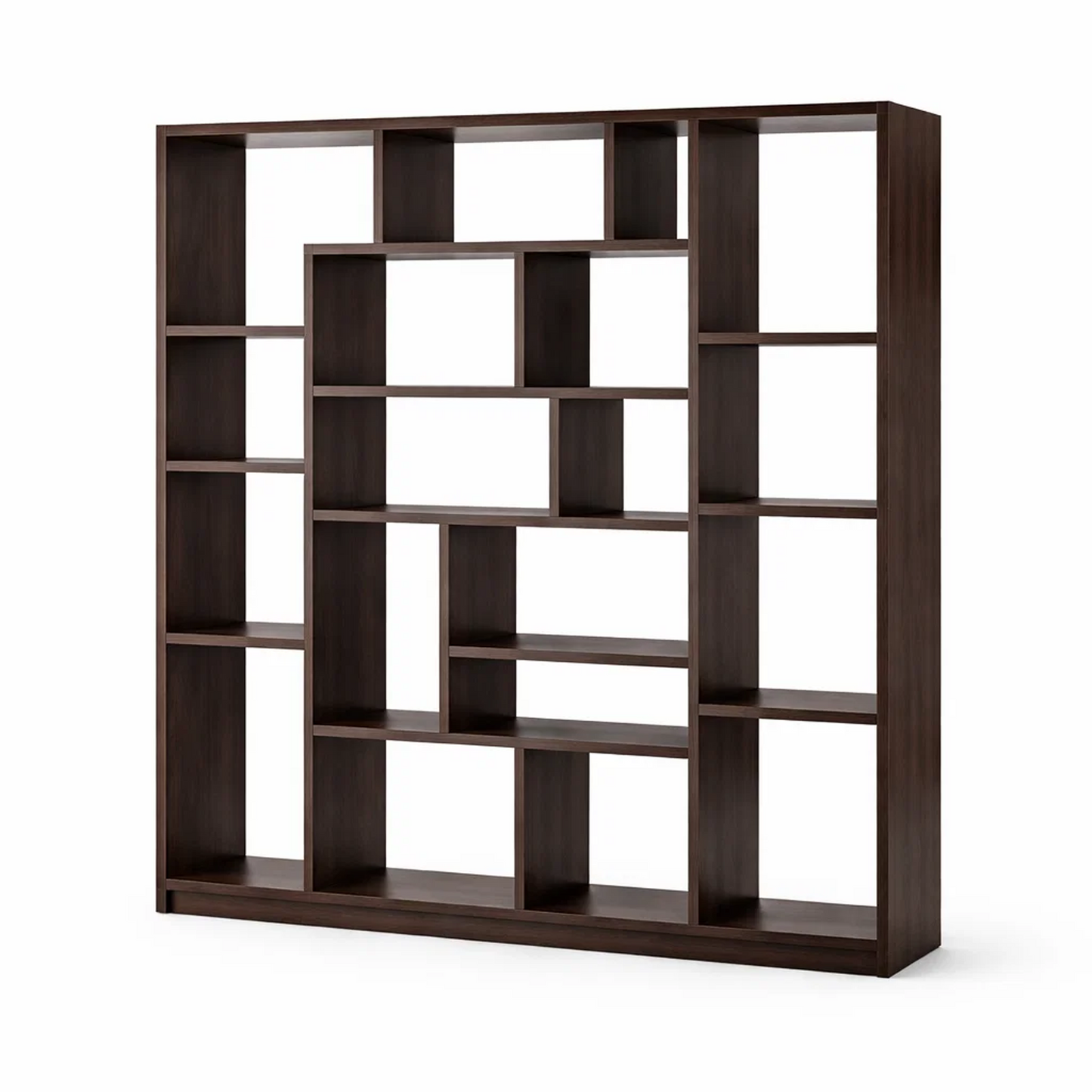 Modern Geometric Open Bookshelf – Dark Walnut Asymmetric Cube Display &amp; Room Divider