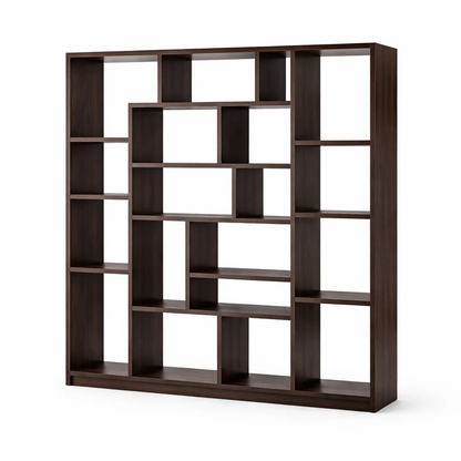 Modern Geometric Open Bookshelf – Dark Walnut Asymmetric Cube Display &amp; Room Divider