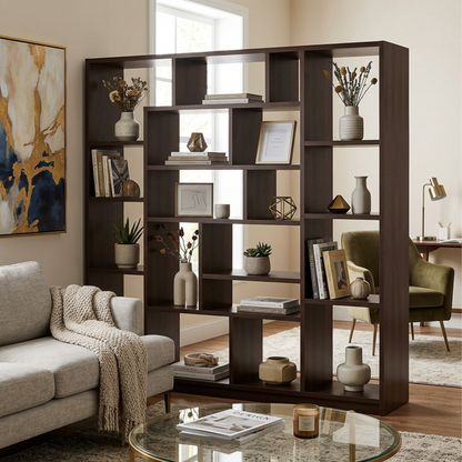 Modern Geometric Open Bookshelf – Dark Walnut Asymmetric Cube Display &amp; Room Divider