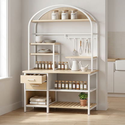 Arched Kitchen Baker's Rack – White Metal Frame &amp; Natural Wood Multi-Tier Storage Station with Drawers, Hooks &amp; Slatted Shelf