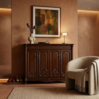 Classic French Provincial Sideboard – Hand-Carved Solid Wood 4-Door 4-Drawer Buffet Cabinet