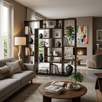 Modern Geometric Open Bookshelf – Dark Walnut Asymmetric Cube Display &amp; Room Divider