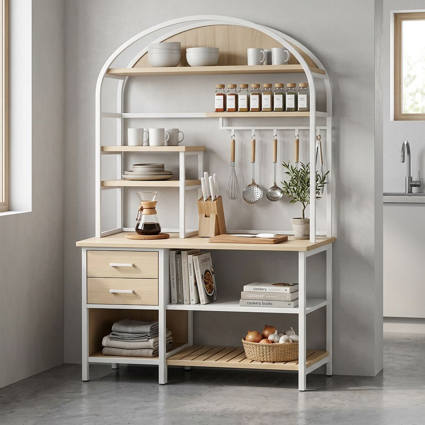 Arched Kitchen Baker's Rack – White Metal Frame &amp; Natural Wood Multi-Tier Storage Station with Drawers, Hooks &amp; Slatted Shelf