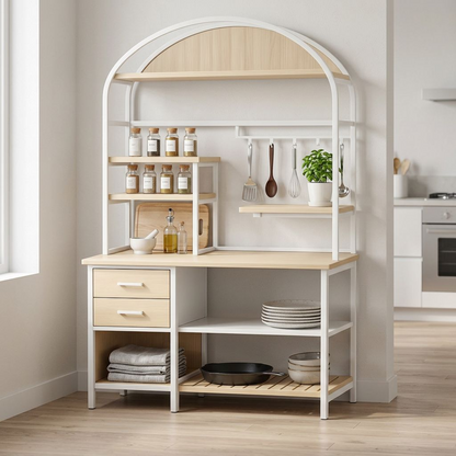 Arched Kitchen Baker's Rack – White Metal Frame &amp; Natural Wood Multi-Tier Storage Station with Drawers, Hooks &amp; Slatted Shelf
