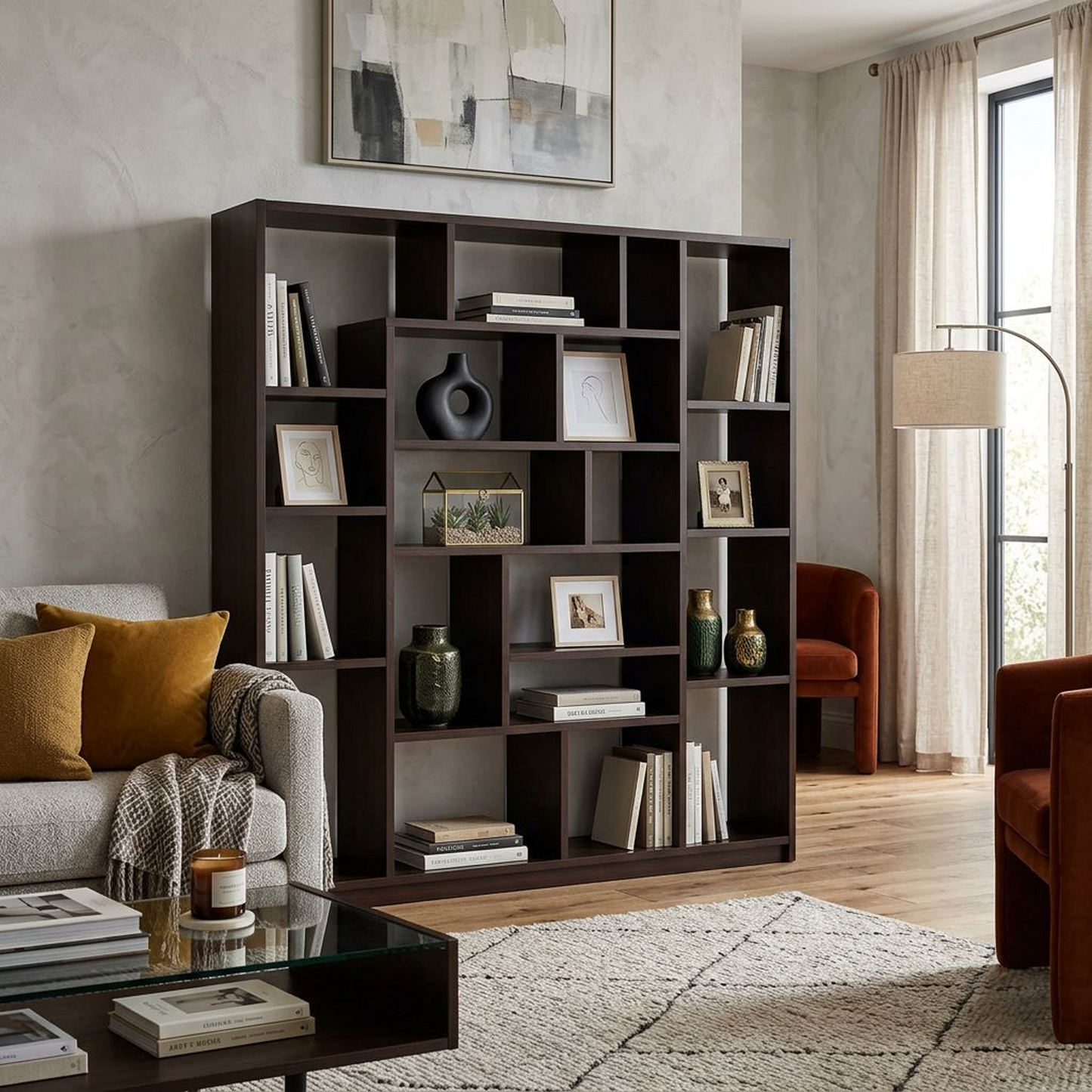 Modern Geometric Open Bookshelf – Dark Walnut Asymmetric Cube Display &amp; Room Divider