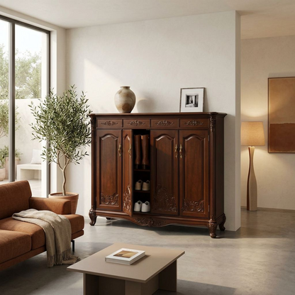 Classic French Provincial Sideboard – Hand-Carved Solid Wood 4-Door 4-Drawer Buffet Cabinet