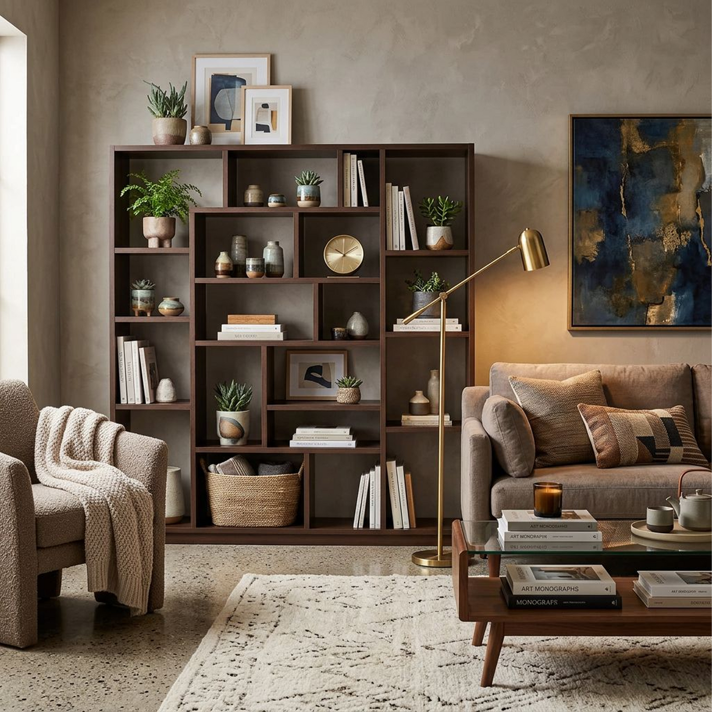 Modern Geometric Open Bookshelf – Dark Walnut Asymmetric Cube Display &amp; Room Divider