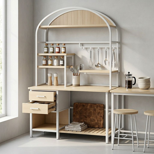 Arched Kitchen Baker's Rack – White Metal Frame &amp; Natural Wood Multi-Tier Storage Station with Drawers, Hooks &amp; Slatted Shelf