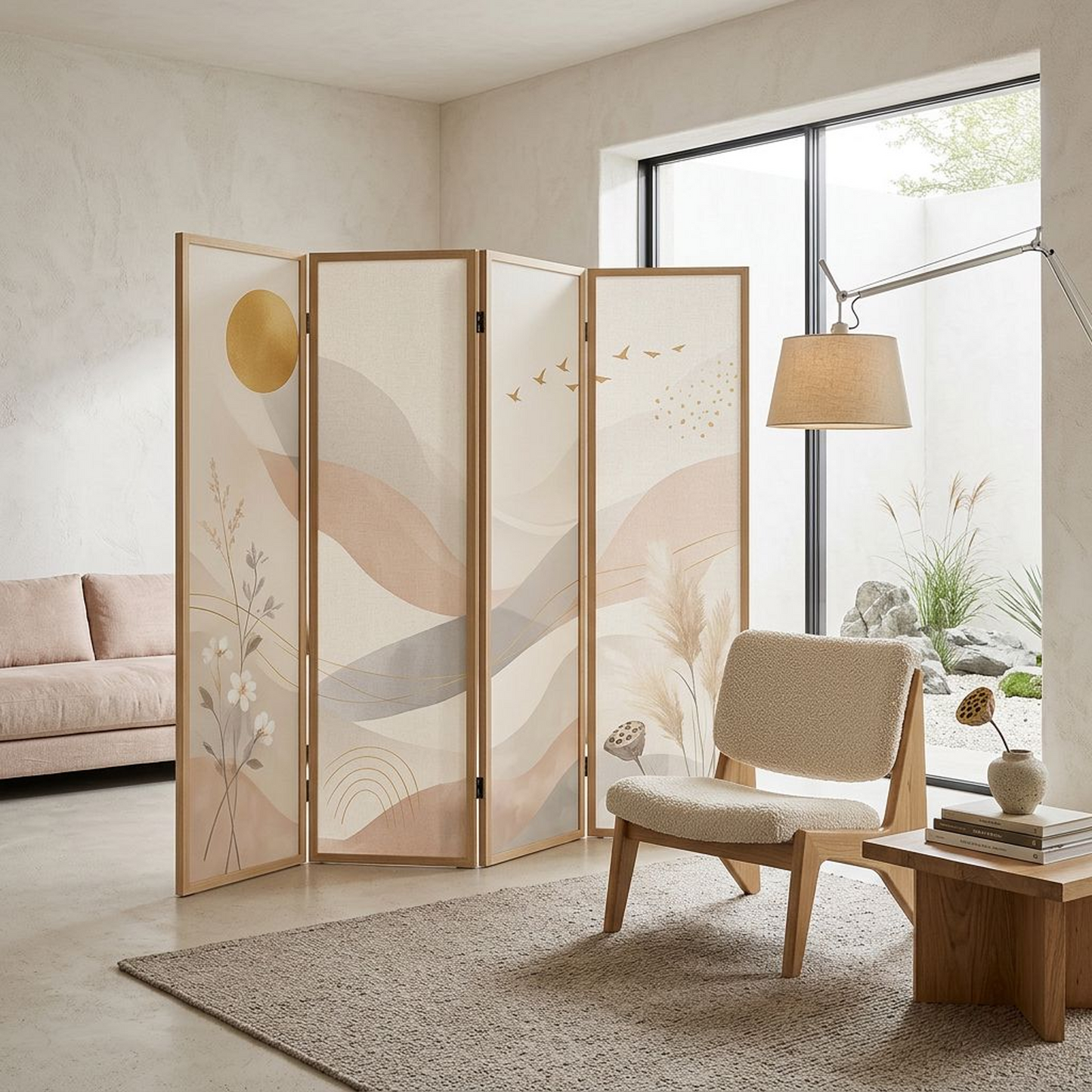 Abstract Landscape Folding Room Divider – 4-Panel Botanical &amp; Mountain Art Privacy Screen