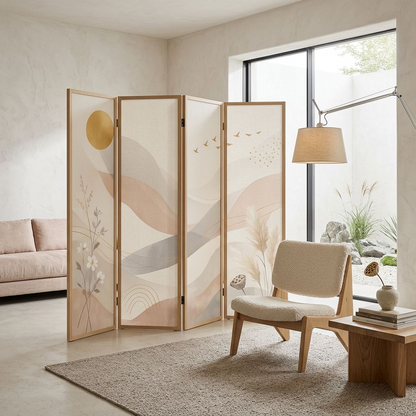 Abstract Landscape Folding Room Divider – 4-Panel Botanical &amp; Mountain Art Privacy Screen