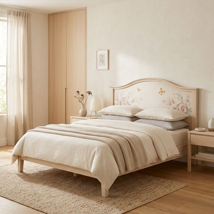 Romantic Hand-Painted Floral Bed Frame – Arched Headboard with Peony &amp; Butterfly Motif in Natural Cream Wood