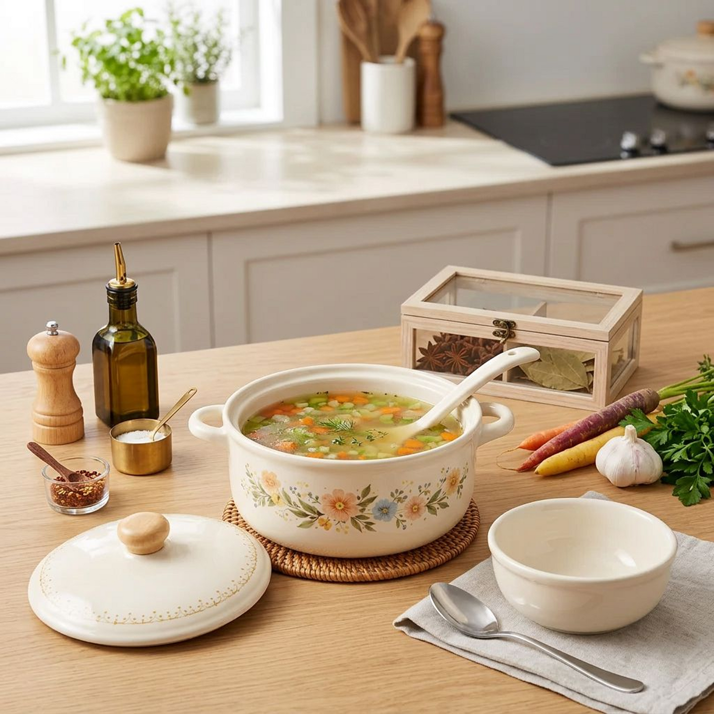 Wildflower Garden Ceramic Casserole Pot – Cream Stoneware Lidded Dutch Oven with Hand-Painted Floral Garland &amp; Wooden Knob