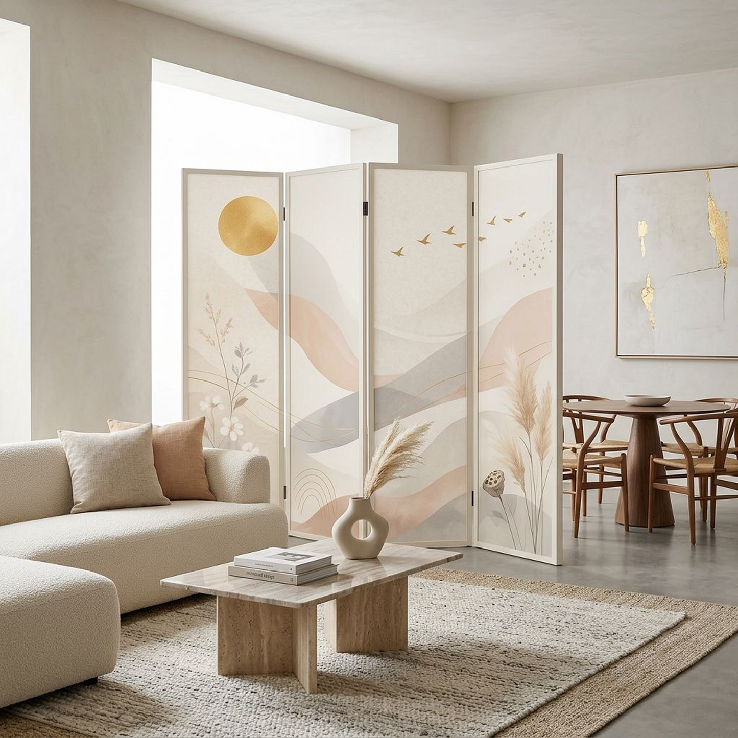 Abstract Landscape Folding Room Divider – 4-Panel Botanical &amp; Mountain Art Privacy Screen