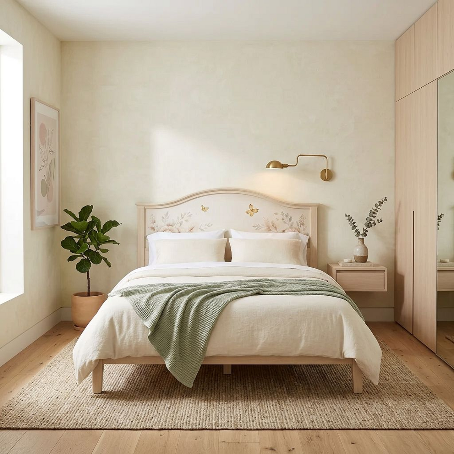Romantic Hand-Painted Floral Bed Frame – Arched Headboard with Peony &amp; Butterfly Motif in Natural Cream Wood