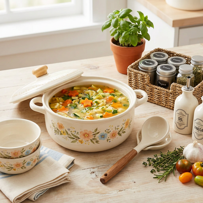 Wildflower Garden Ceramic Casserole Pot – Cream Stoneware Lidded Dutch Oven with Hand-Painted Floral Garland &amp; Wooden Knob
