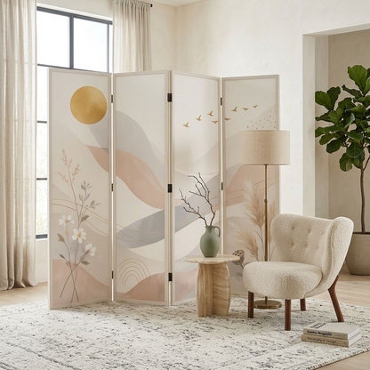 Abstract Landscape Folding Room Divider – 4-Panel Botanical &amp; Mountain Art Privacy Screen