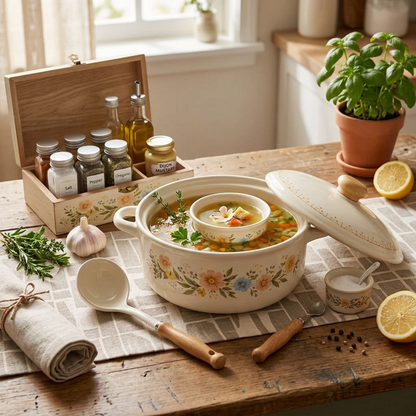 Wildflower Garden Ceramic Casserole Pot – Cream Stoneware Lidded Dutch Oven with Hand-Painted Floral Garland &amp; Wooden Knob