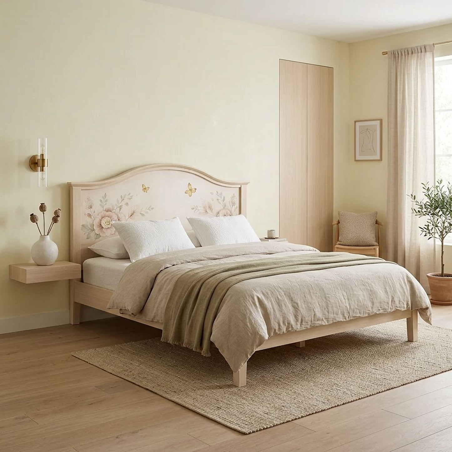Romantic Hand-Painted Floral Bed Frame – Arched Headboard with Peony &amp; Butterfly Motif in Natural Cream Wood