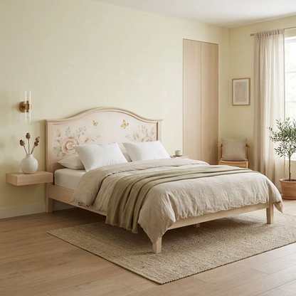 Romantic Hand-Painted Floral Bed Frame – Arched Headboard with Peony &amp; Butterfly Motif in Natural Cream Wood