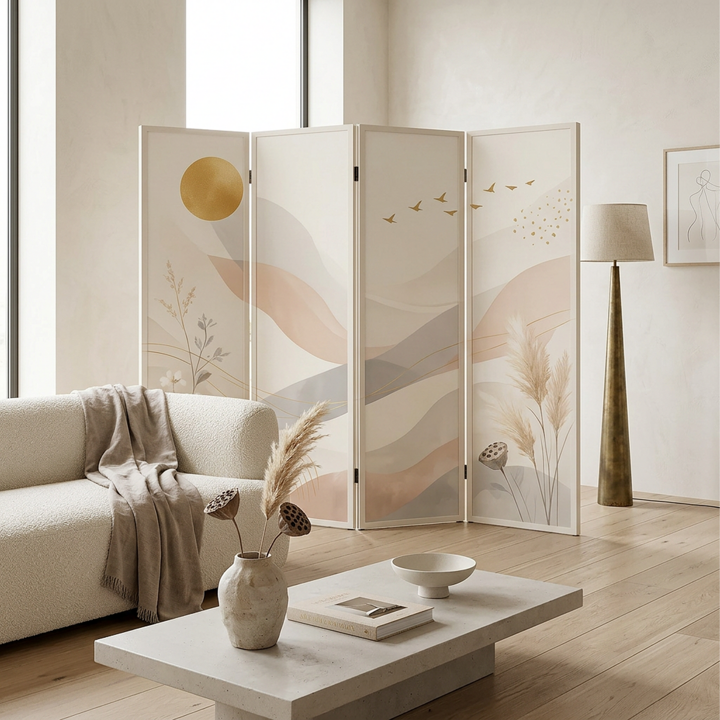 Abstract Landscape Folding Room Divider – 4-Panel Botanical &amp; Mountain Art Privacy Screen