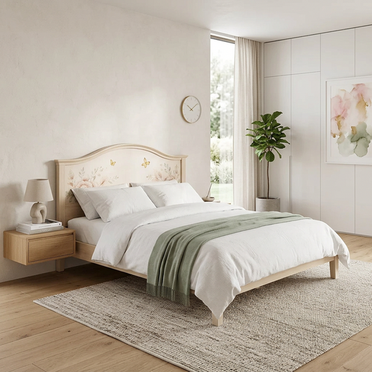 Romantic Hand-Painted Floral Bed Frame – Arched Headboard with Peony &amp; Butterfly Motif in Natural Cream Wood
