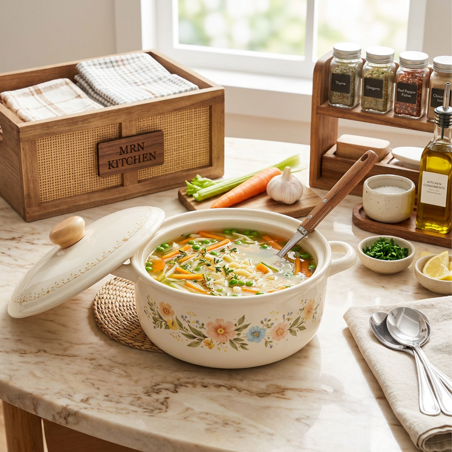 Wildflower Garden Ceramic Casserole Pot – Cream Stoneware Lidded Dutch Oven with Hand-Painted Floral Garland &amp; Wooden Knob