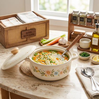 Wildflower Garden Ceramic Casserole Pot – Cream Stoneware Lidded Dutch Oven with Hand-Painted Floral Garland &amp; Wooden Knob