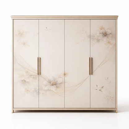Elegant Hand-Painted Floral Wardrobe – 4-Door Cream &amp; Gold Armoire with Butterfly &amp; Blossom Art
