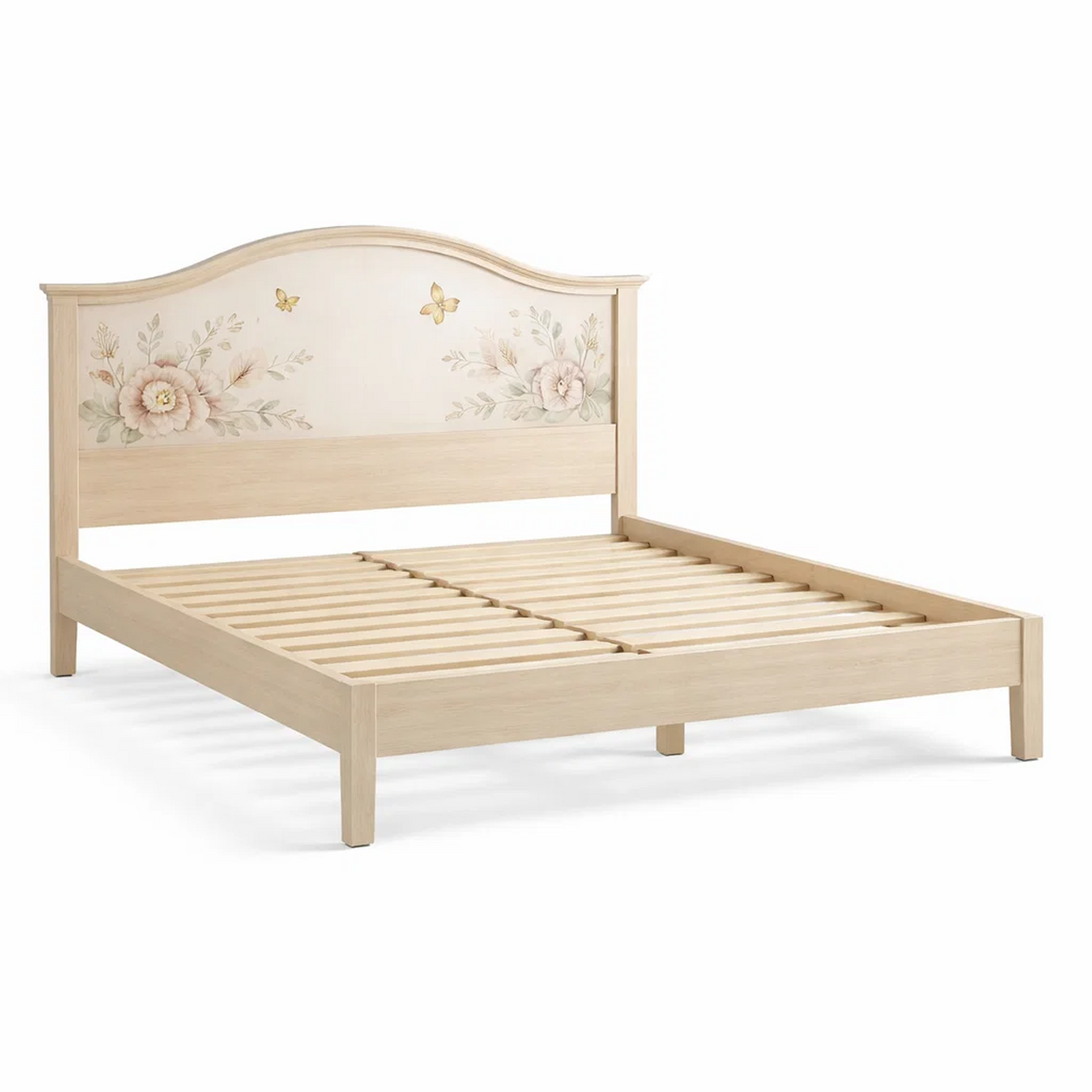 Romantic Hand-Painted Floral Bed Frame – Arched Headboard with Peony &amp; Butterfly Motif in Natural Cream Wood
