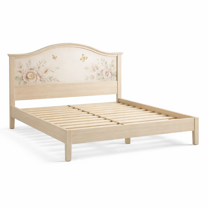 Romantic Hand-Painted Floral Bed Frame – Arched Headboard with Peony &amp; Butterfly Motif in Natural Cream Wood