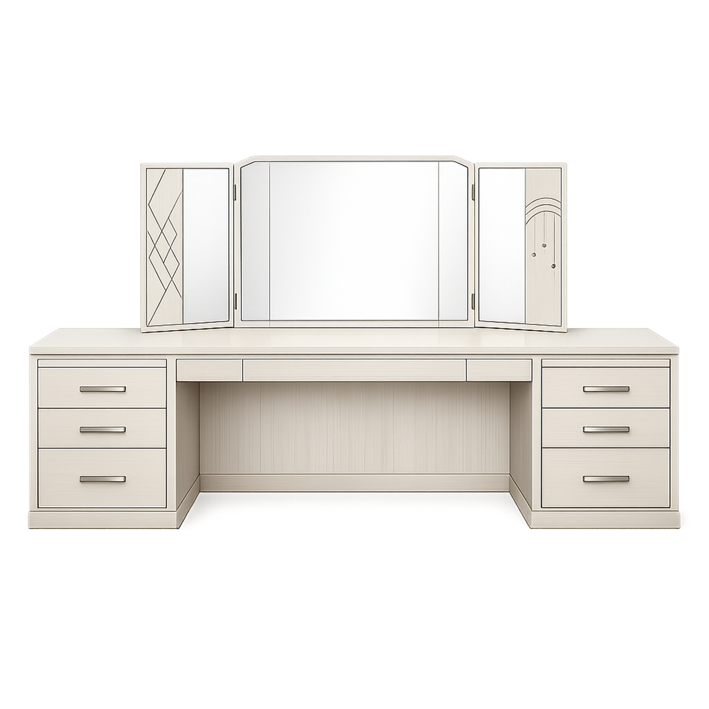 Modern Cream Vanity Desk with Tri-Fold Mirror – Multi-Drawer Dressing Table with Decorative Panel Accents
