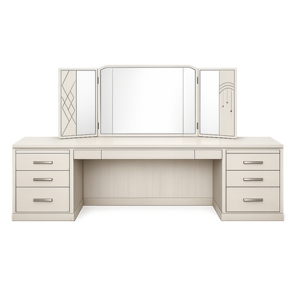 Modern Cream Vanity Desk with Tri-Fold Mirror – Multi-Drawer Dressing Table with Decorative Panel Accents