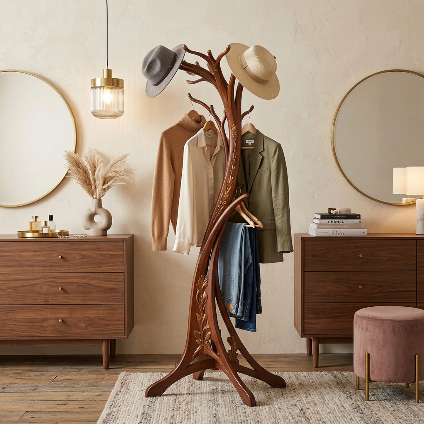 Art Nouveau Tree-Shaped Coat Stand – Hand-Carved Solid Wood Hall Tree with Floral Relief