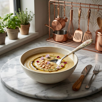 Floral Ceramic-Handle Stainless Steel Spoon – Vintage Botanical Design with Gold Scroll Accents