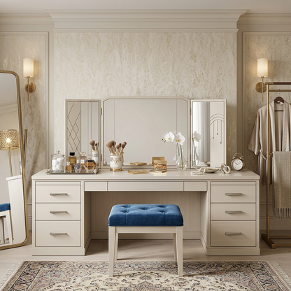 Modern Cream Vanity Desk with Tri-Fold Mirror – Multi-Drawer Dressing Table with Decorative Panel Accents