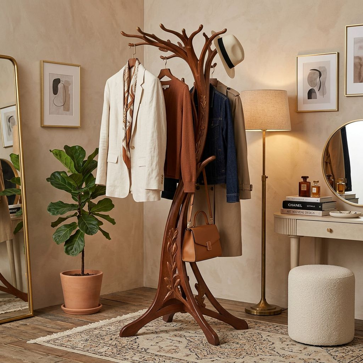 Art Nouveau Tree-Shaped Coat Stand – Hand-Carved Solid Wood Hall Tree with Floral Relief