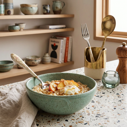 Floral Ceramic-Handle Stainless Steel Spoon – Vintage Botanical Design with Gold Scroll Accents