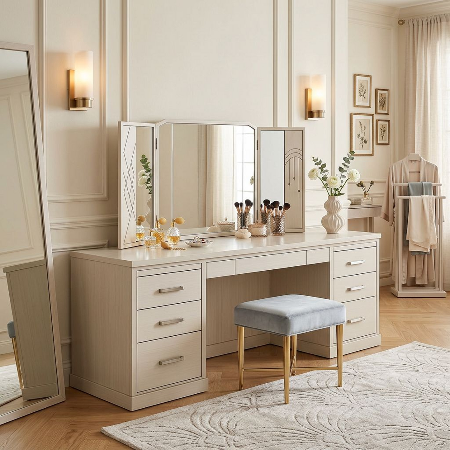 Modern Cream Vanity Desk with Tri-Fold Mirror – Multi-Drawer Dressing Table with Decorative Panel Accents