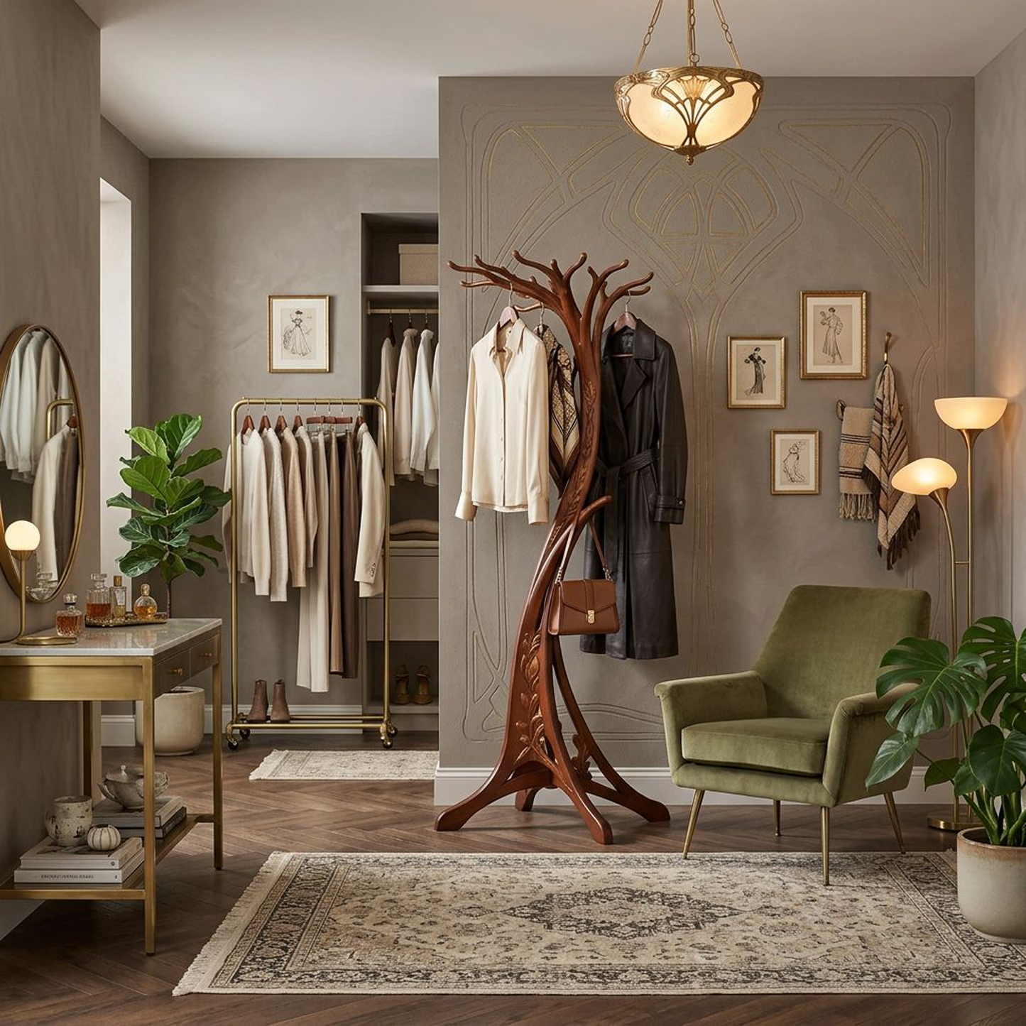 Art Nouveau Tree-Shaped Coat Stand – Hand-Carved Solid Wood Hall Tree with Floral Relief
