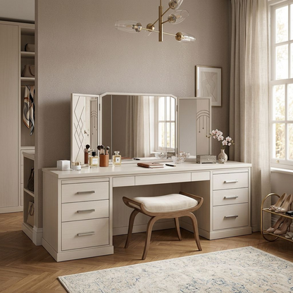 Modern Cream Vanity Desk with Tri-Fold Mirror – Multi-Drawer Dressing Table with Decorative Panel Accents