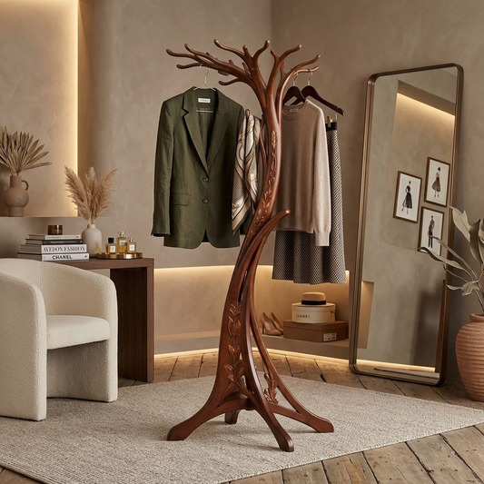 Art Nouveau Tree-Shaped Coat Stand – Hand-Carved Solid Wood Hall Tree with Floral Relief