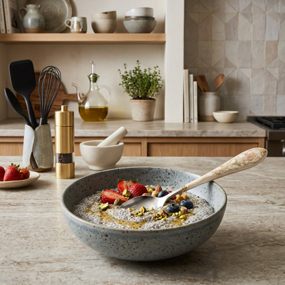 Floral Ceramic-Handle Stainless Steel Spoon – Vintage Botanical Design with Gold Scroll Accents
